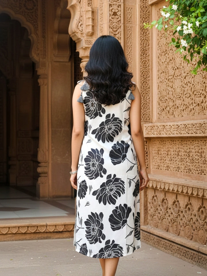Black & White Floral Printed Cotton Midi Dress