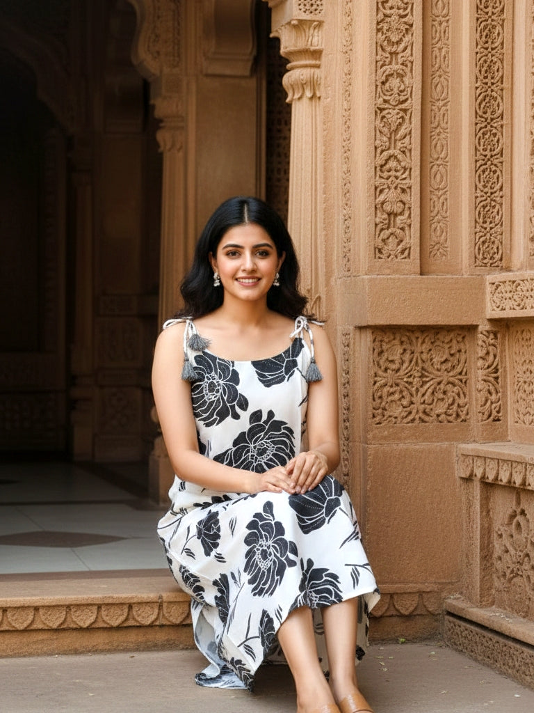 Black & White Floral Printed Cotton Midi Dress