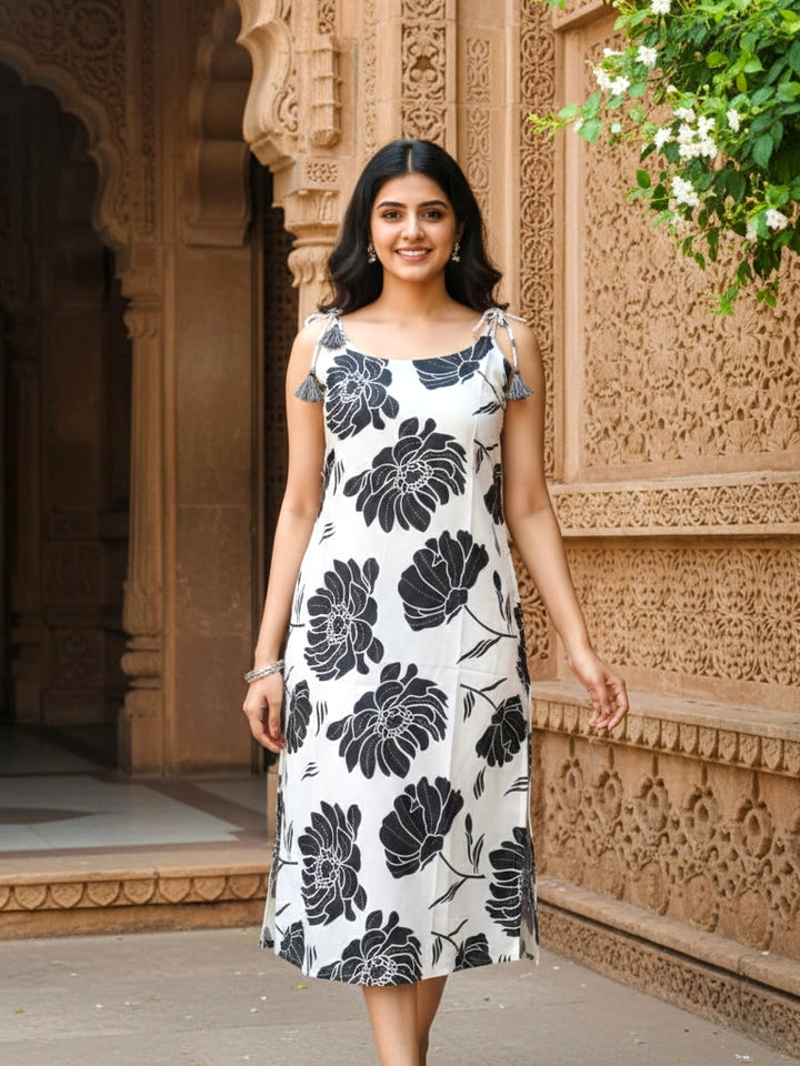 Black & White Floral Printed Cotton Midi Dress