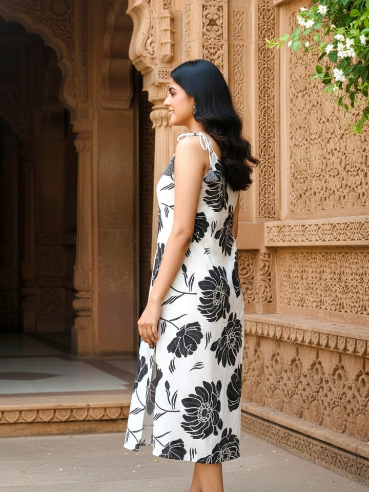 Black & White Floral Printed Cotton Midi Dress