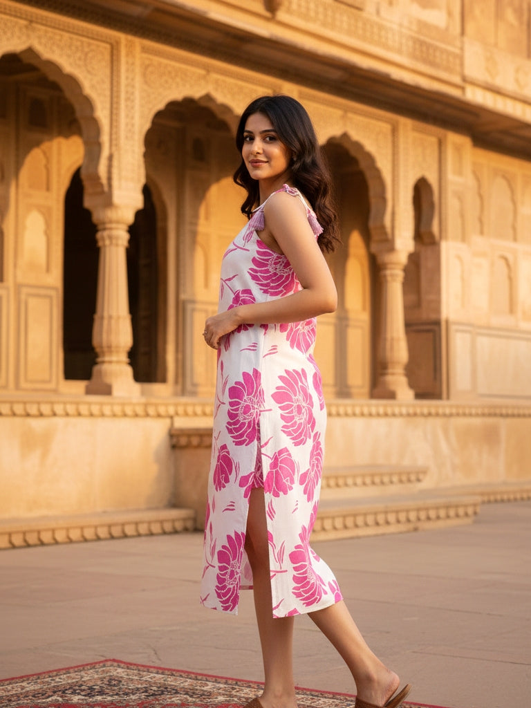 Pink Floral Printed Cotton Midi Dress