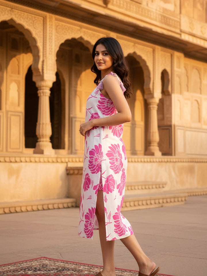 Pink Floral Printed Cotton Midi Dress