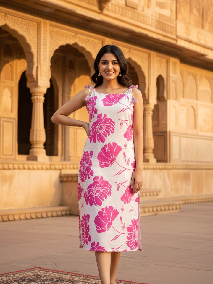 Pink Floral Printed Cotton Midi Dress