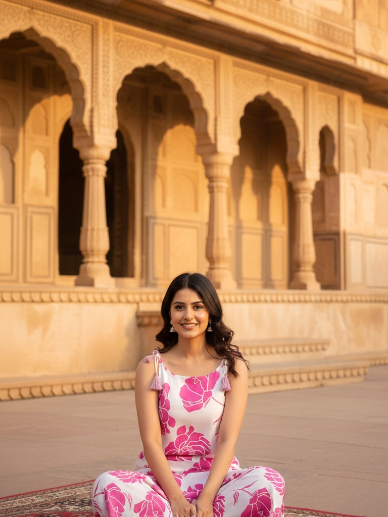 Pink Floral Printed Cotton Midi Dress