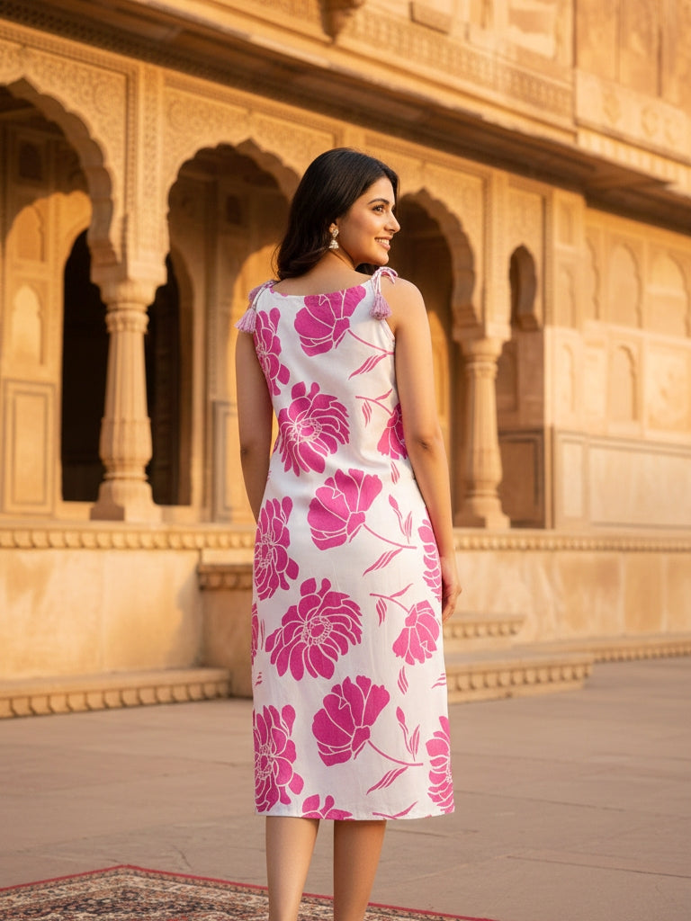 Pink Floral Printed Cotton Midi Dress