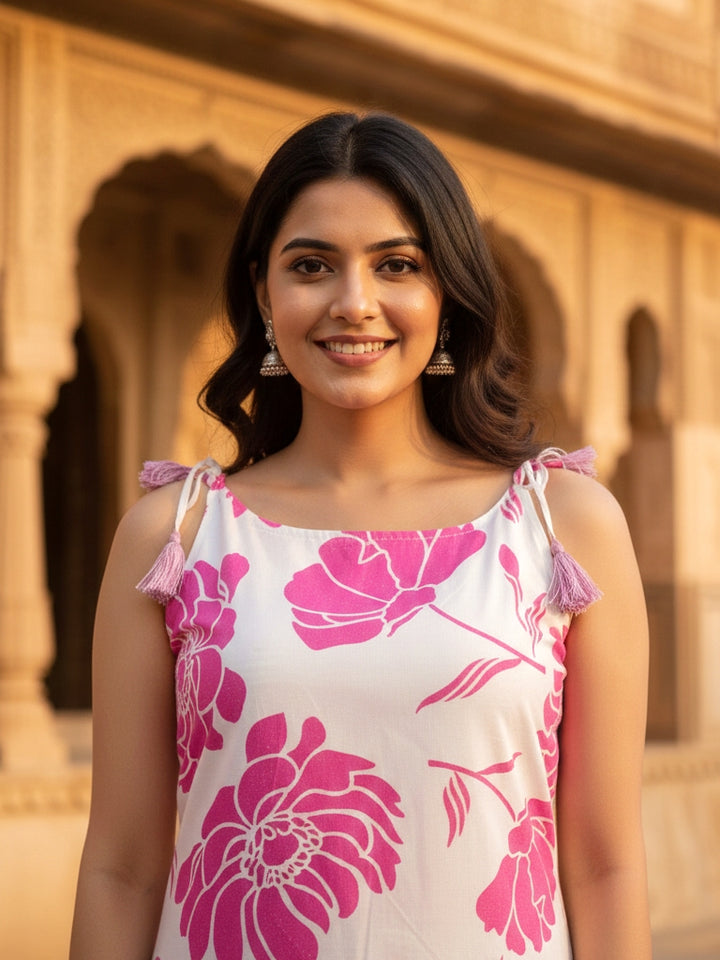 Pink Floral Printed Cotton Midi Dress