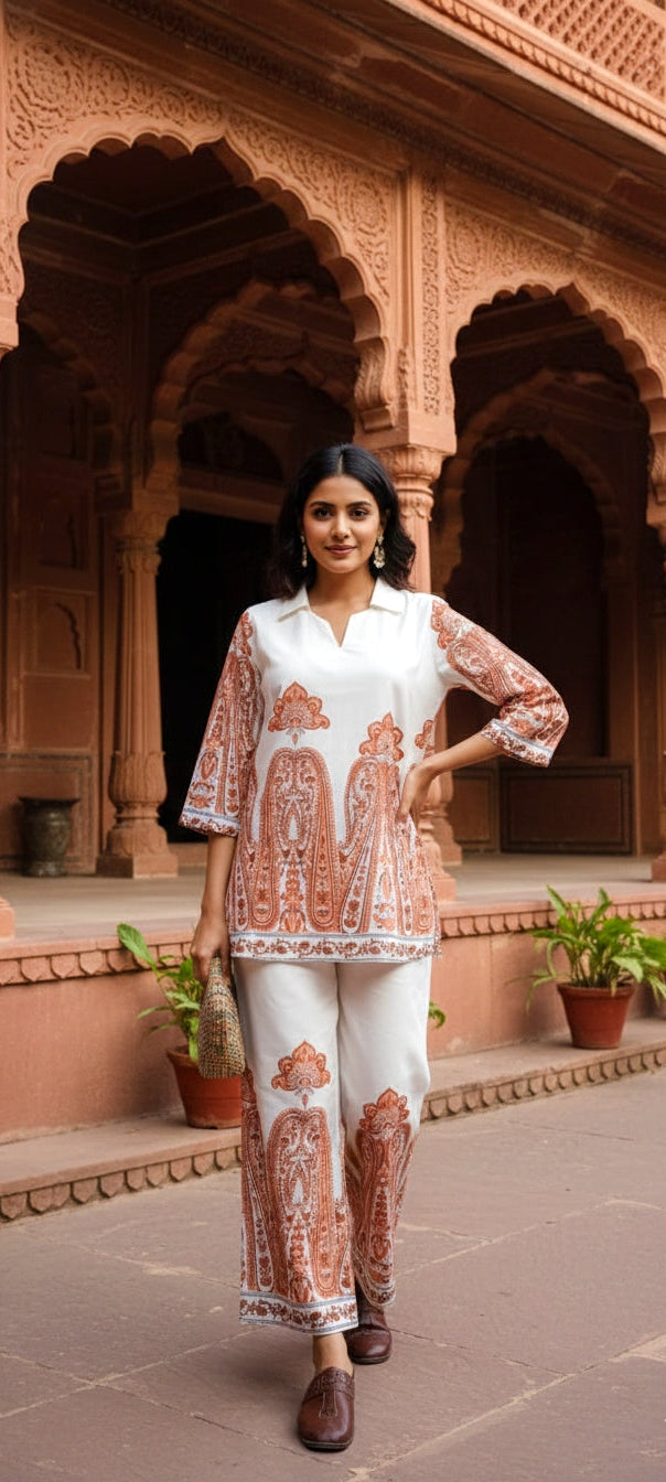 White & Rust Printed Cotton Co-Ord Set