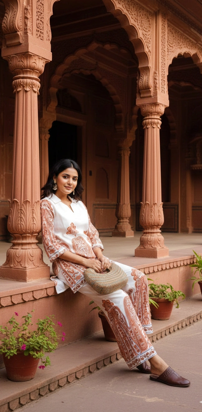 White & Rust Printed Cotton Co-Ord Set