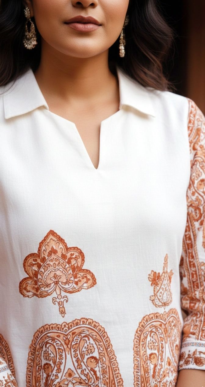 White & Rust Printed Cotton Co-Ord Set