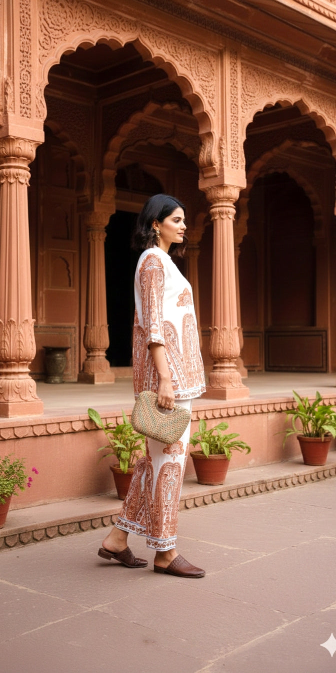 White & Rust Printed Cotton Co-Ord Set