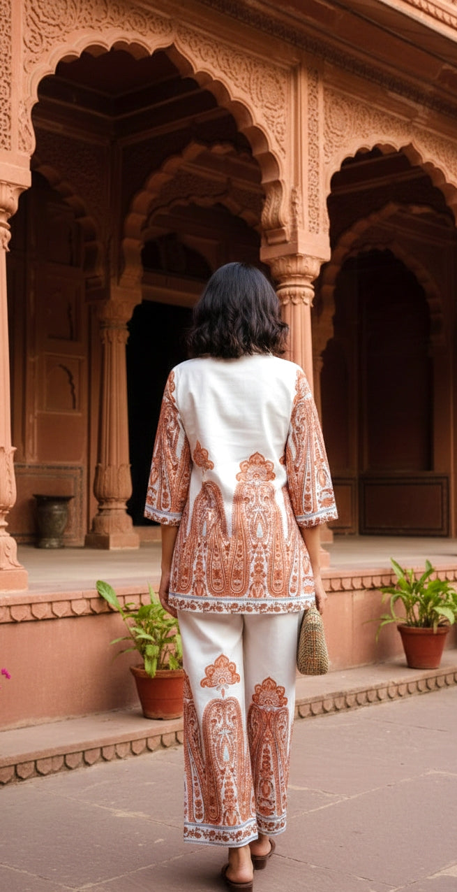 White & Rust Printed Cotton Co-Ord Set