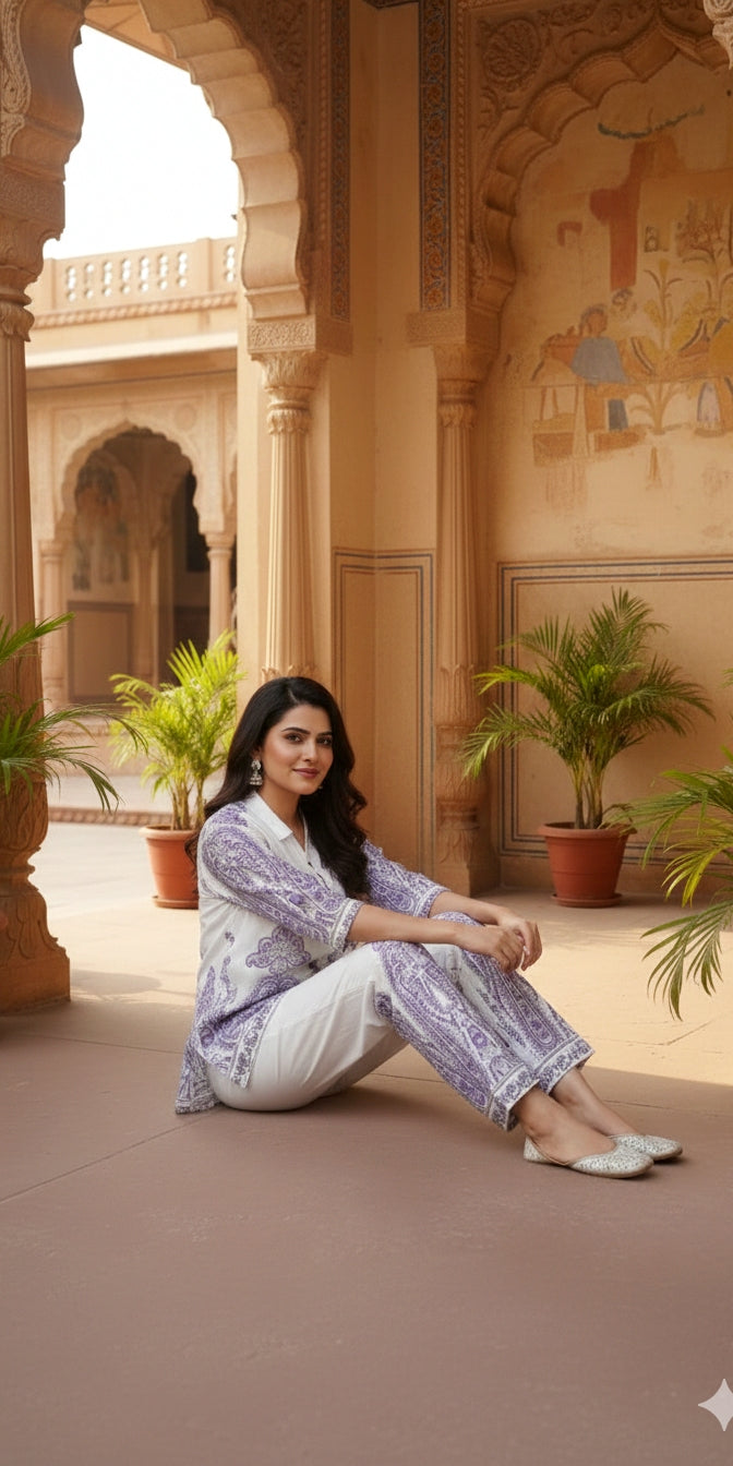 White & Lavender Printed Cotton Co-Ord Set