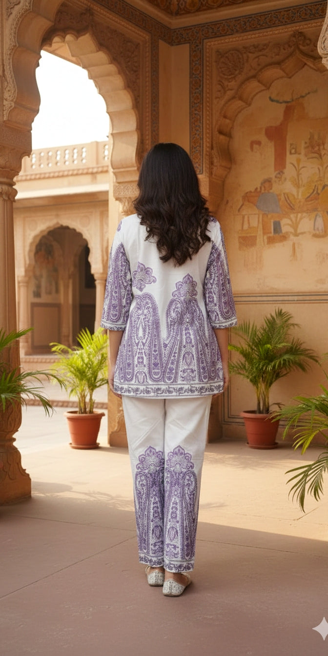 White & Lavender Printed Cotton Co-Ord Set