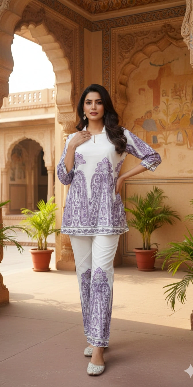 White & Lavender Printed Cotton Co-Ord Set