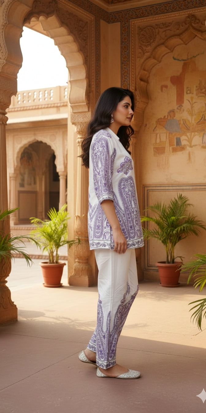 White & Lavender Printed Cotton Co-Ord Set