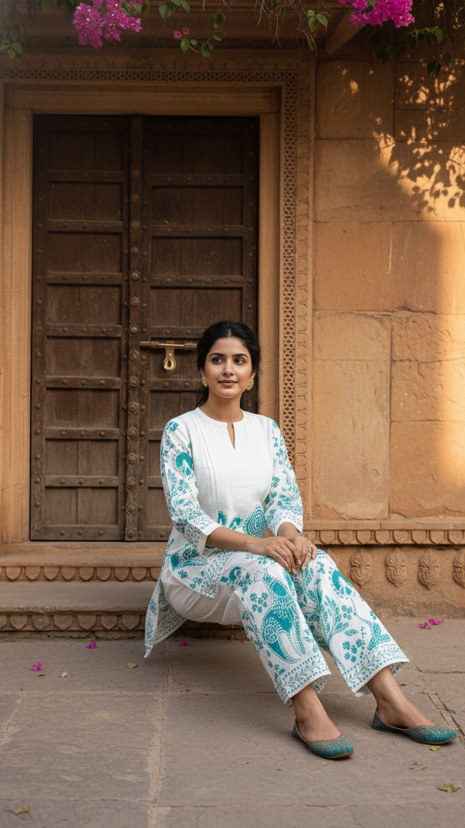 Elegant White & Teal Printed Co-Ord Set