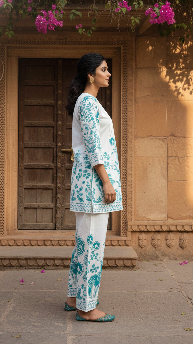 Elegant White & Teal Printed Co-Ord Set