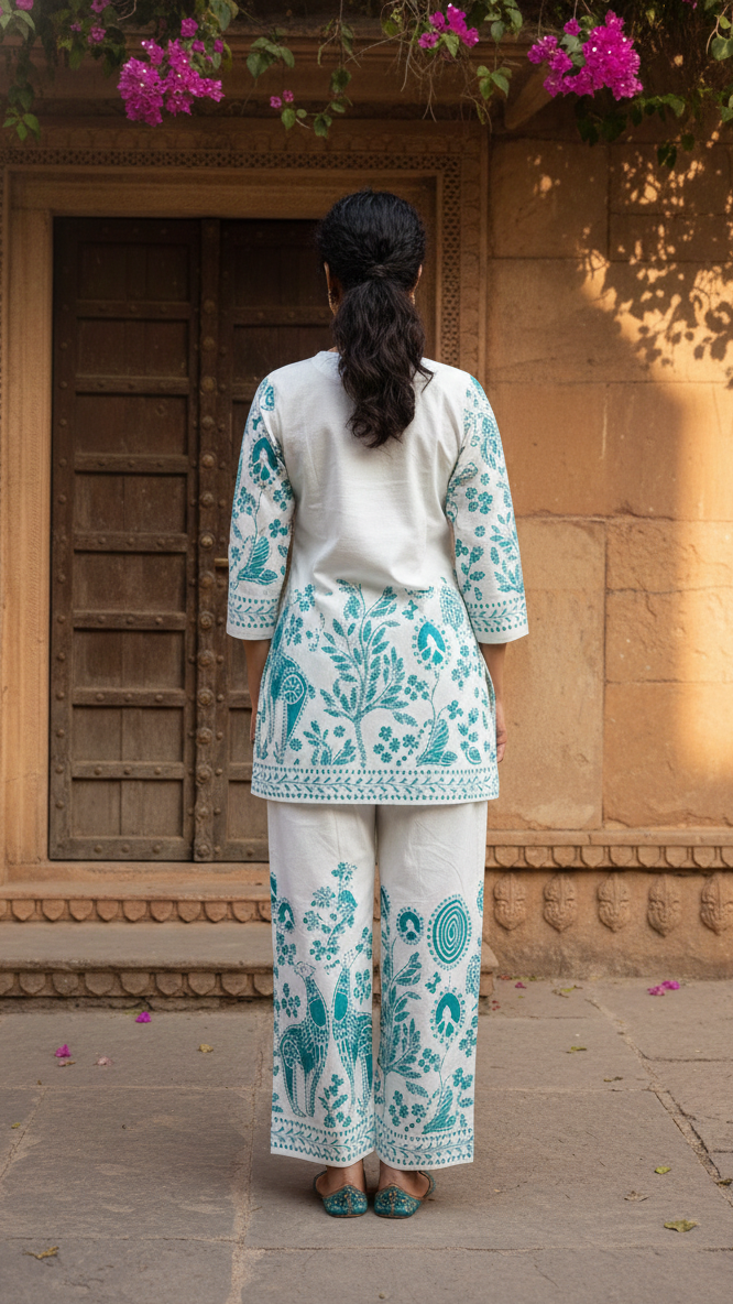 Elegant White & Teal Printed Co-Ord Set