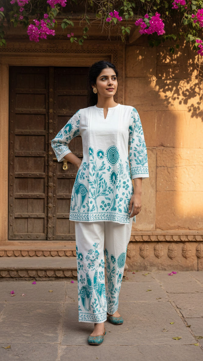Elegant White & Teal Printed Co-Ord Set