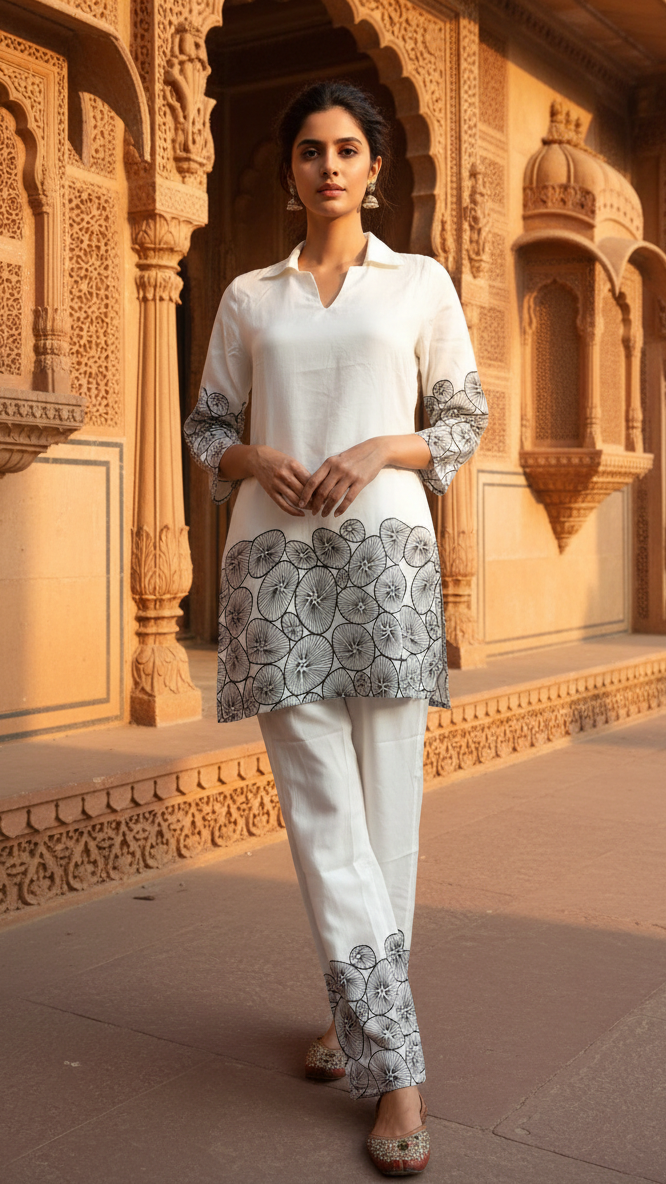 Elegant White Co-Ord Set with Black Floral Border Print | Straight Fit Ethnic Wear
