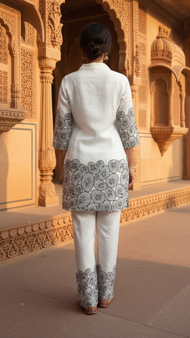 Elegant White Co-Ord Set with Black Floral Border Print | Straight Fit Ethnic Wear