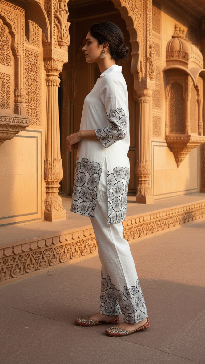 Elegant White Co-Ord Set with Black Floral Border Print | Straight Fit Ethnic Wear