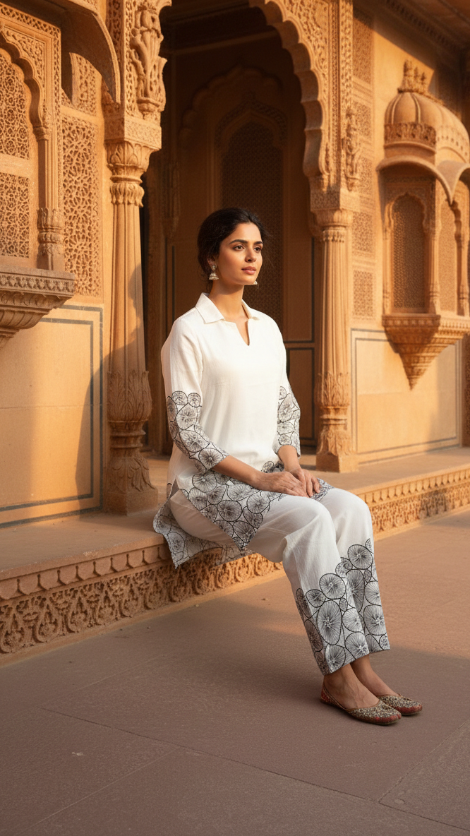 Elegant White Co-Ord Set with Black Floral Border Print | Straight Fit Ethnic Wear