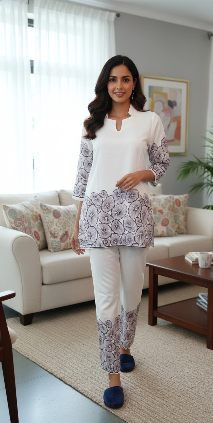 Elegant White Printed Co-Ord Set for Women | Comfortable & Stylish Daily Wear