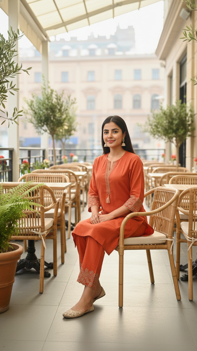 Rust Embroidered Kurta Pant Co-ord Set