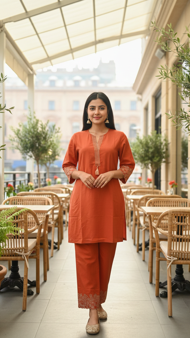 Rust Embroidered Kurta Pant Co-ord Set