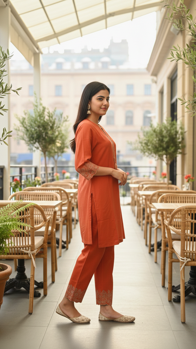 Rust Embroidered Kurta Pant Co-ord Set