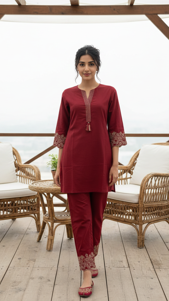 Wine Embroidered Kurta Pant Co-Ord Set
