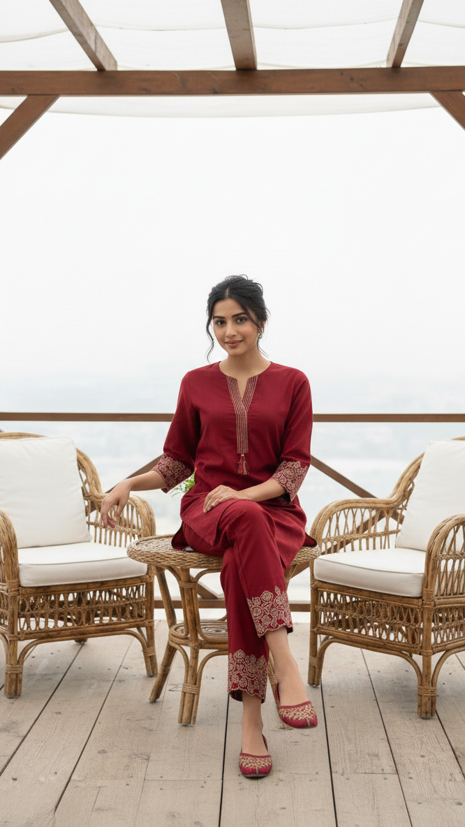 Wine Embroidered Kurta Pant Co-Ord Set