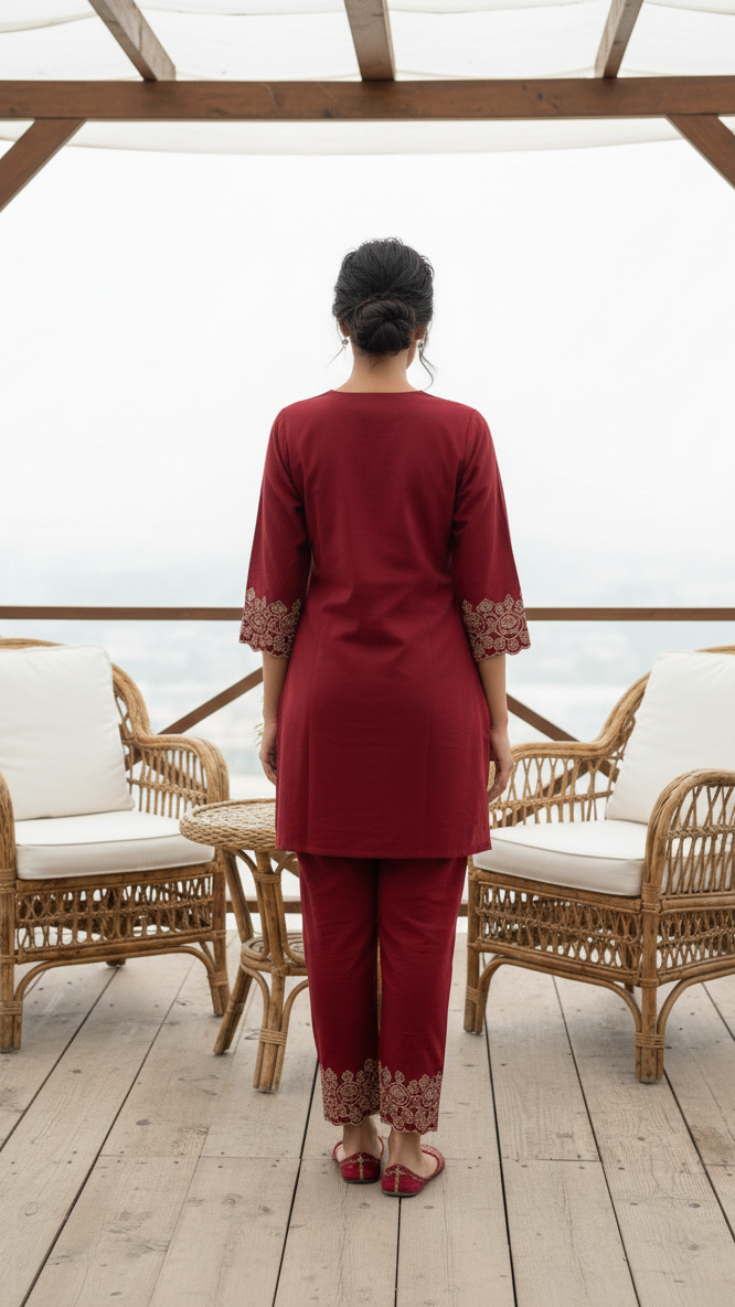 Wine Embroidered Kurta Pant Co-Ord Set