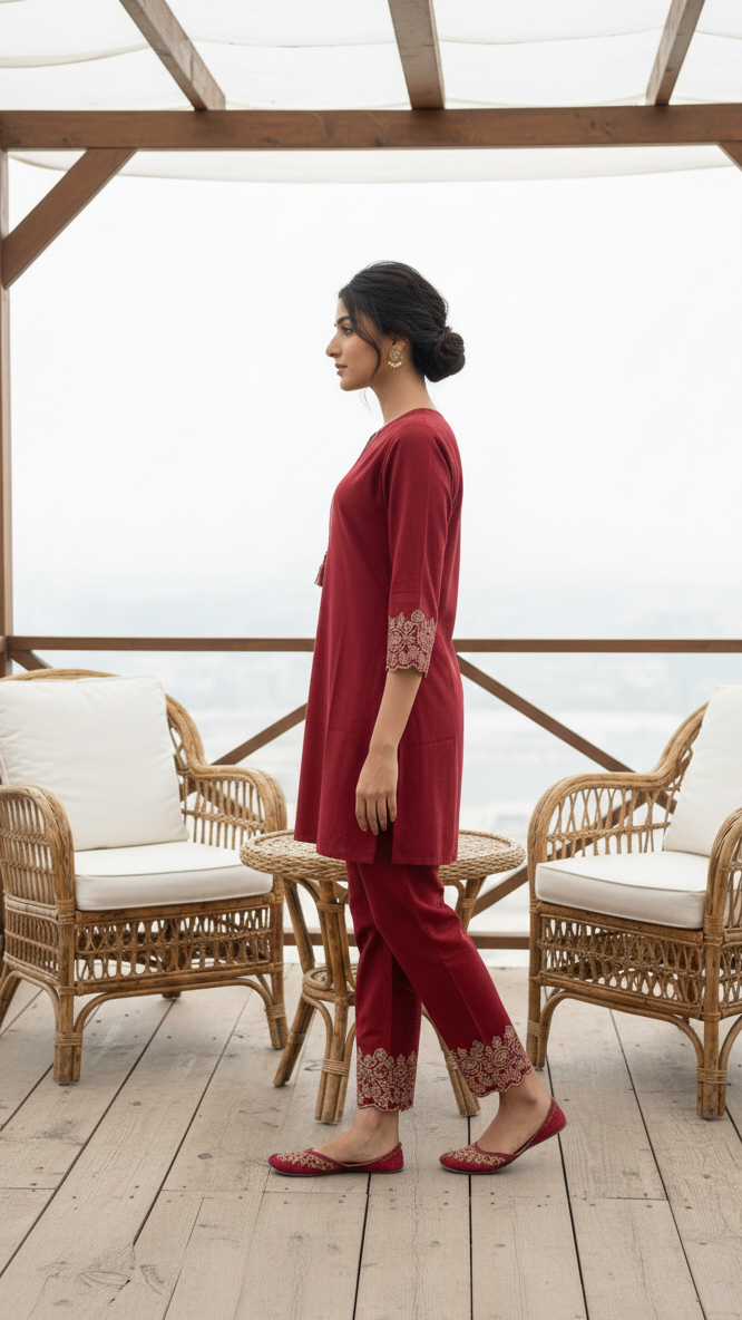 Wine Embroidered Kurta Pant Co-Ord Set