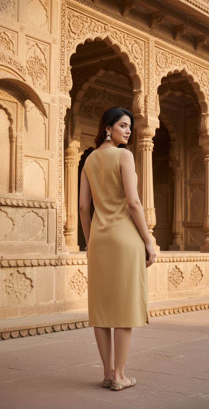 Mustard Yellow Sleeveless Straight Kurti with Embroidered Yoke