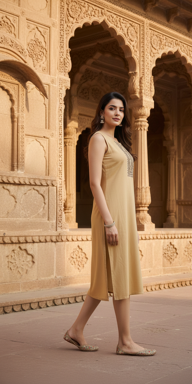 Mustard Yellow Sleeveless Straight Kurti with Embroidered Yoke