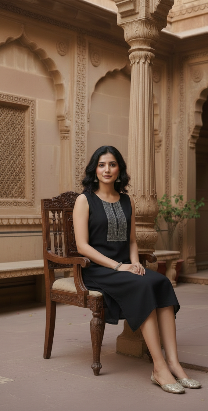 Black Sleeveless Straight Kurti with Embroidered Yoke