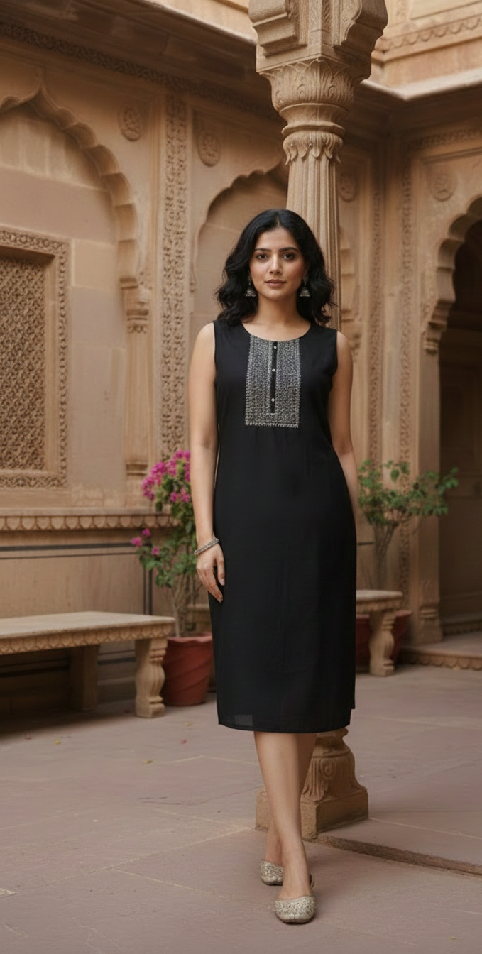 Black Sleeveless Straight Kurti with Embroidered Yoke