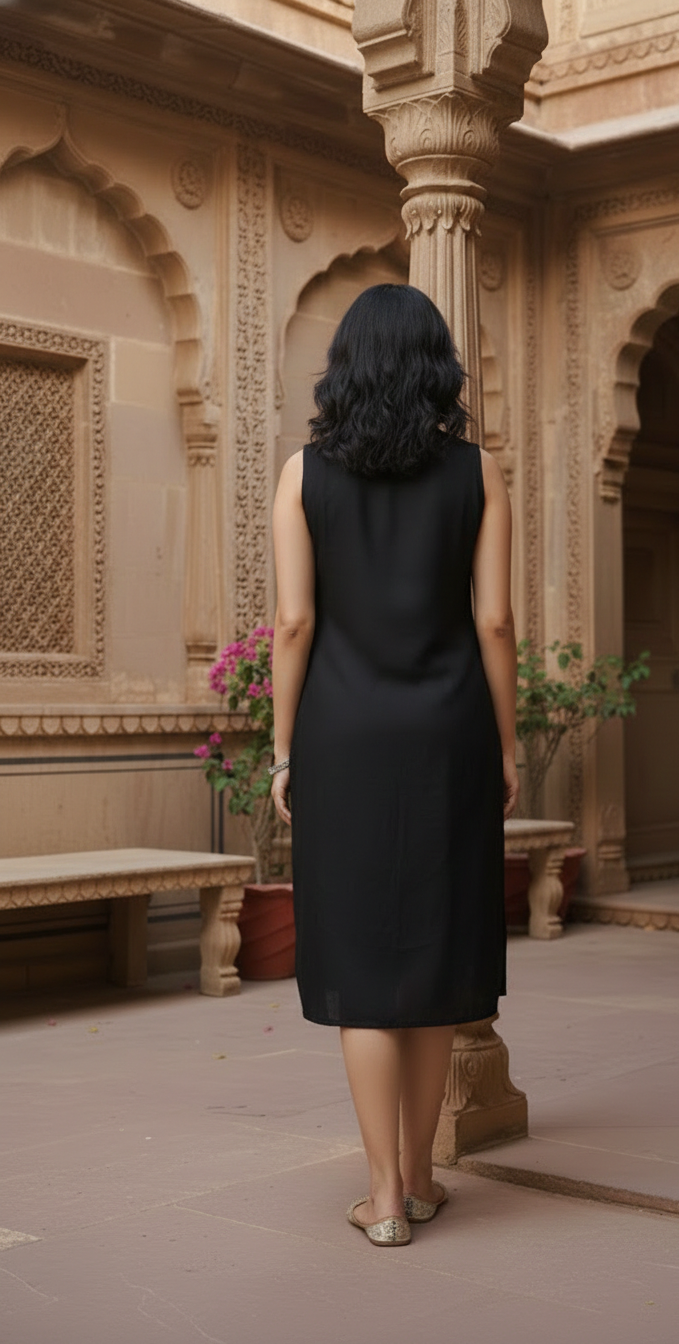 Black Sleeveless Straight Kurti with Embroidered Yoke