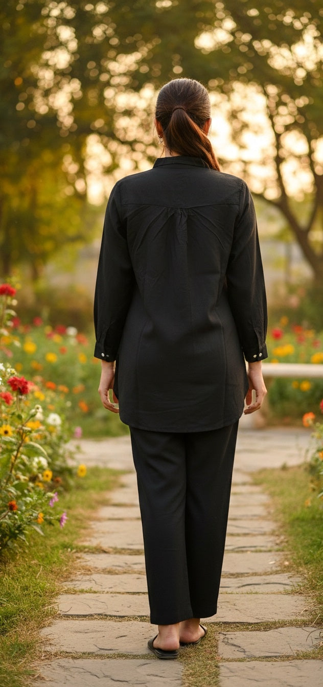 Women’s Black Embroidered Kurta Co-Ord Set | Elegant Shirt Style Tunic with Straight Pants | Festive & Casual Wear