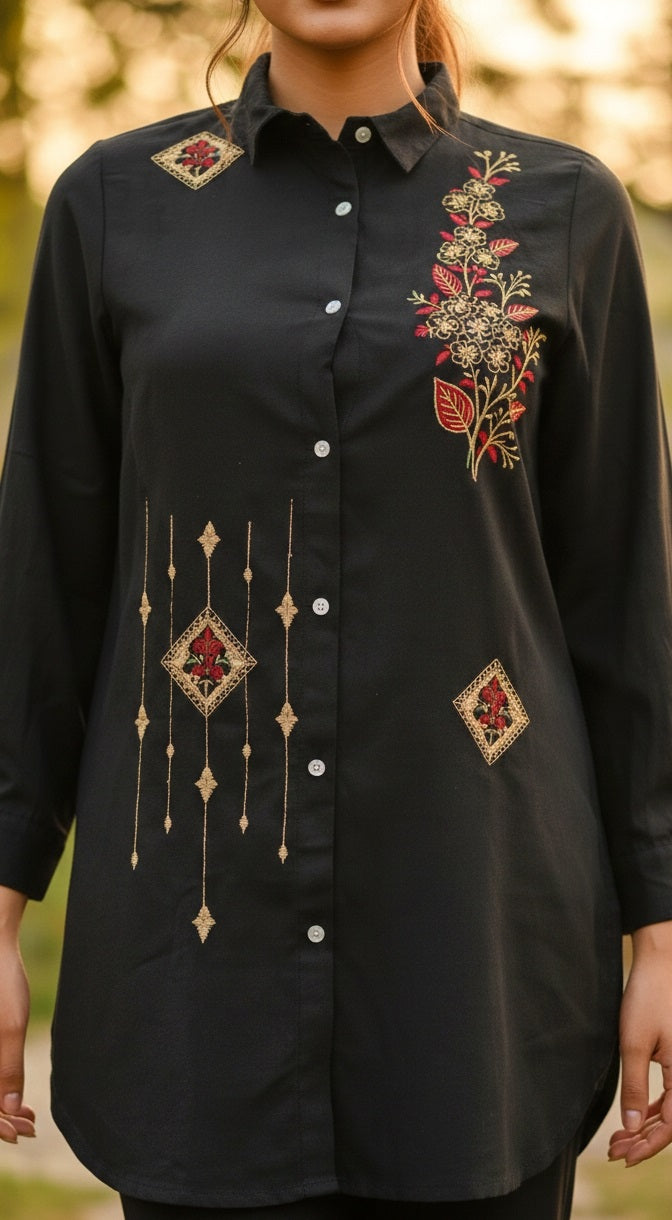 Women’s Black Embroidered Kurta Co-Ord Set | Elegant Shirt Style Tunic with Straight Pants | Festive & Casual Wear