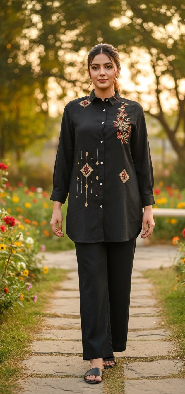 Women’s Black Embroidered Kurta Co-Ord Set | Elegant Shirt Style Tunic with Straight Pants | Festive & Casual Wear