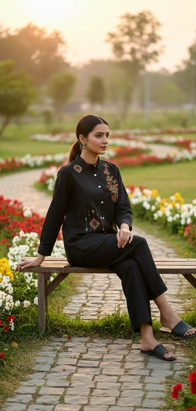 Women’s Black Embroidered Kurta Co-Ord Set | Elegant Shirt Style Tunic with Straight Pants | Festive & Casual Wear