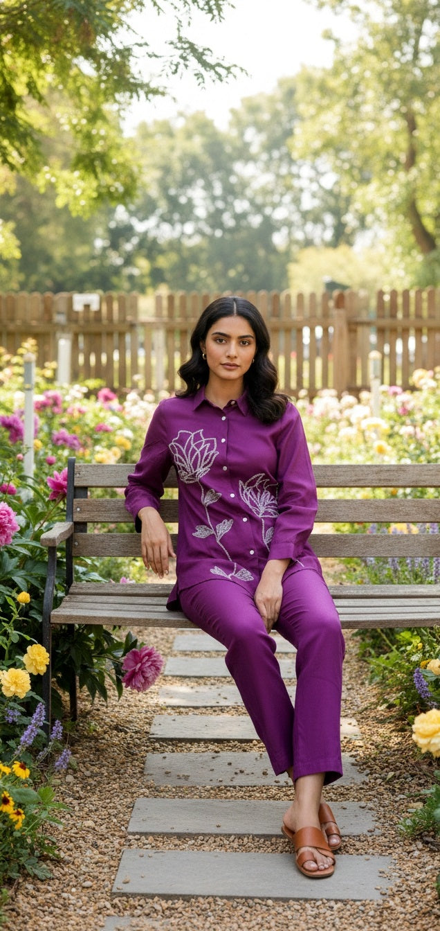 Women’s Purple Floral Embroidered Kurta Co-Ord Set | Shirt Style Tunic with Straight Pants