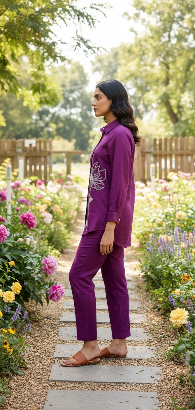 Women’s Purple Floral Embroidered Kurta Co-Ord Set | Shirt Style Tunic with Straight Pants
