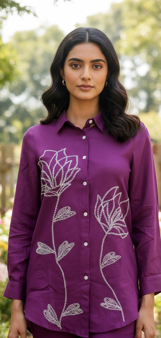 Women’s Purple Floral Embroidered Kurta Co-Ord Set | Shirt Style Tunic with Straight Pants