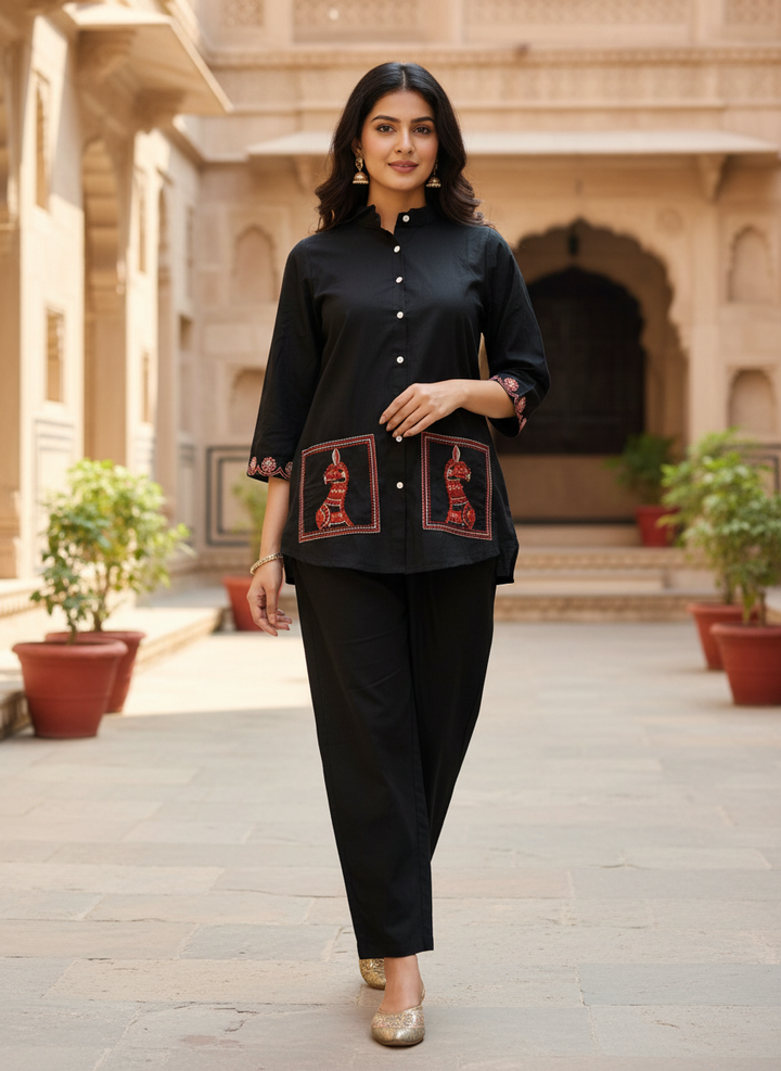 Elegant Black Cotton Co-ord Set with Embroidered Pocket Detailing | Smart Casual Ethnic Co-ords for Women