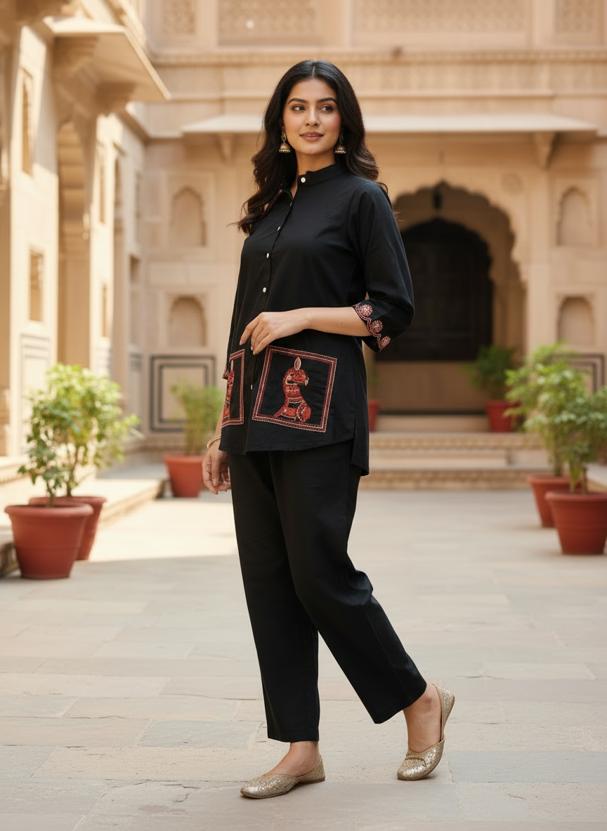 Elegant Black Cotton Co-ord Set with Embroidered Pocket Detailing | Smart Casual Ethnic Co-ords for Women