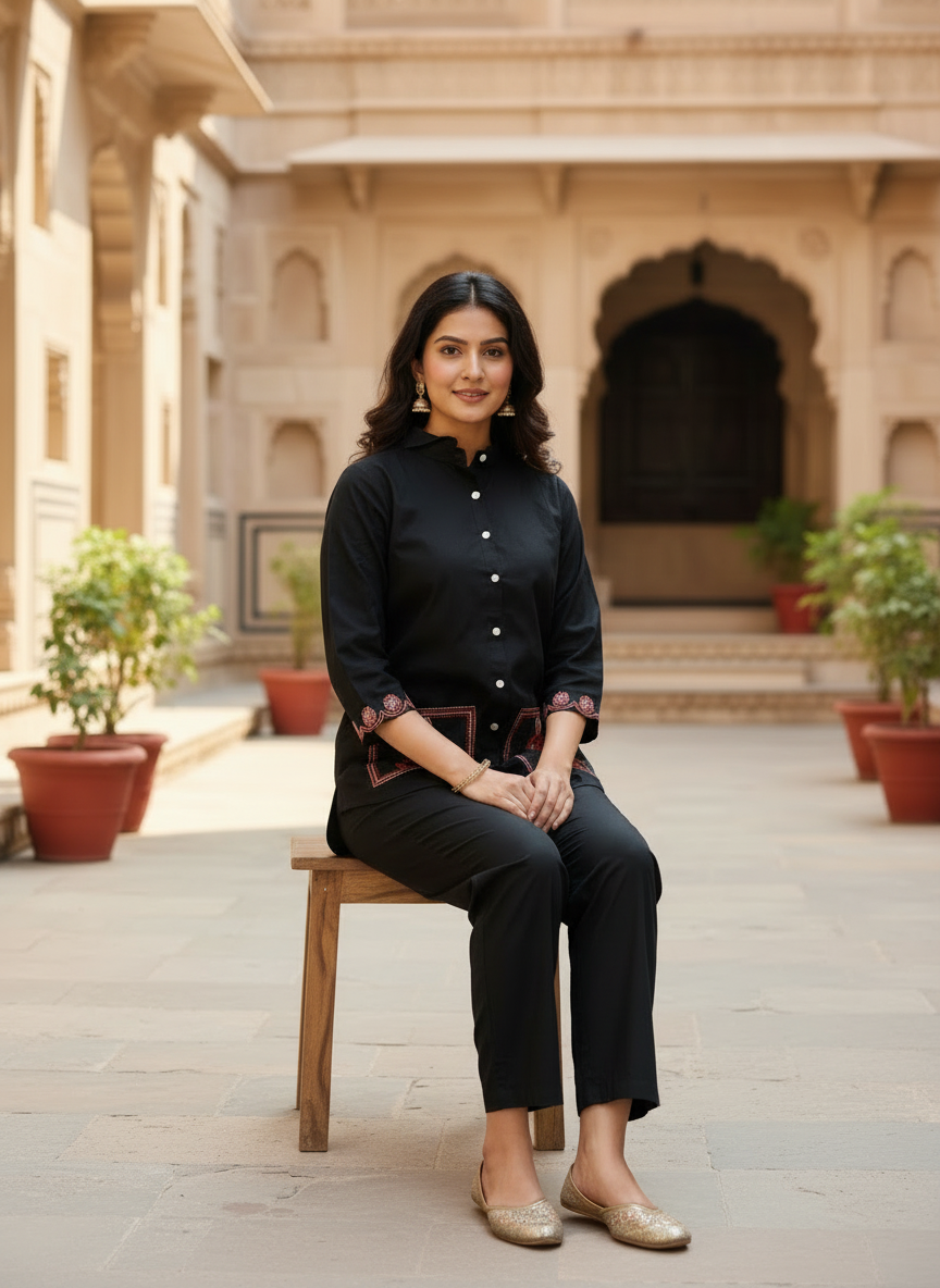 Elegant Black Cotton Co-ord Set with Embroidered Pocket Detailing | Smart Casual Ethnic Co-ords for Women